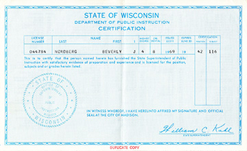 Beverly Nordberg teaching license